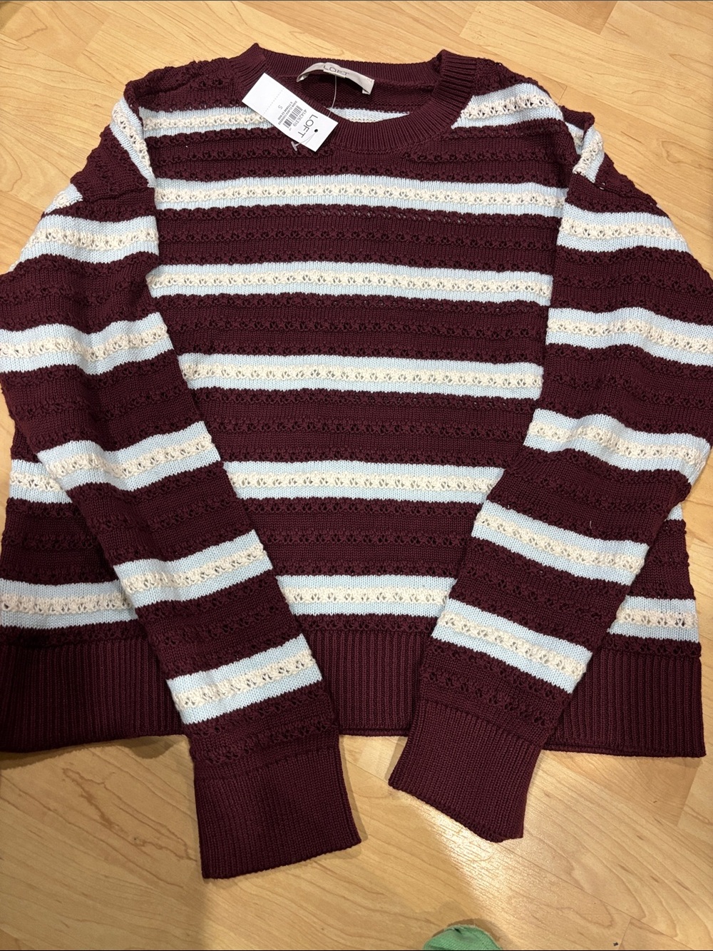 LOFT- Striped Crewneck Sweater in Maroon and Cream - Women size S